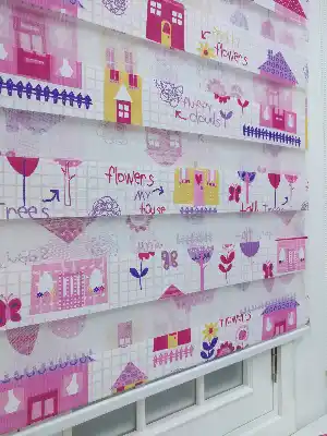 Kareli Kağıda Resim Çizimli Çocuk Odası Zebra Perdesi- Sarı-Pembe-Mor