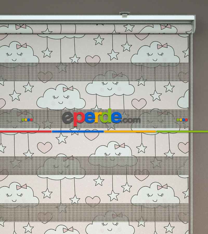 Bulut Desenli Baskılı Zebra Perde- Çok Renkli