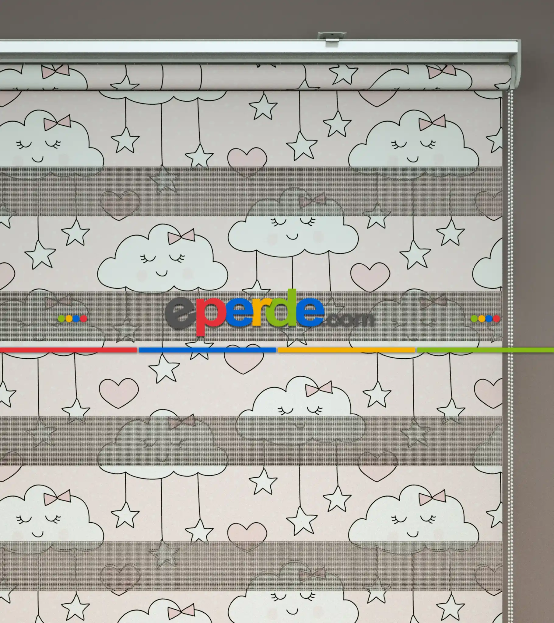 Bulut Desenli Baskılı Zebra Perde- Çok Renkli