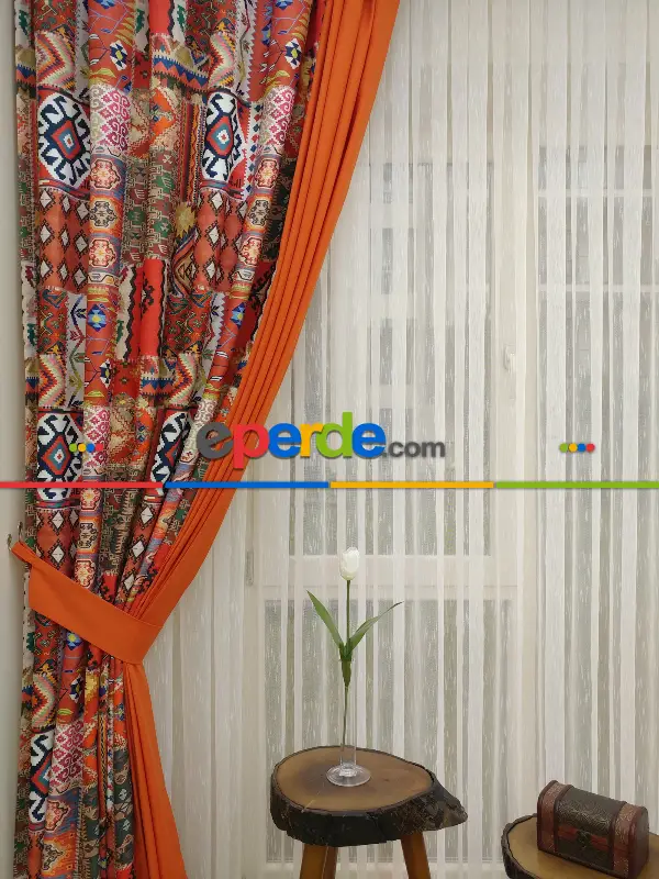 Kilim Desenli Patchwork Fon Perde Kombinli - 2- Çok Renkli 3