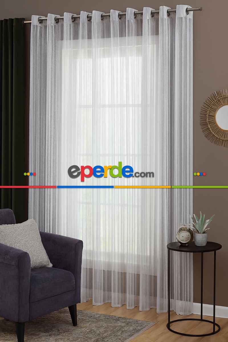 Boyuna Çizgili Simli 7000 Serisi Krem Tül