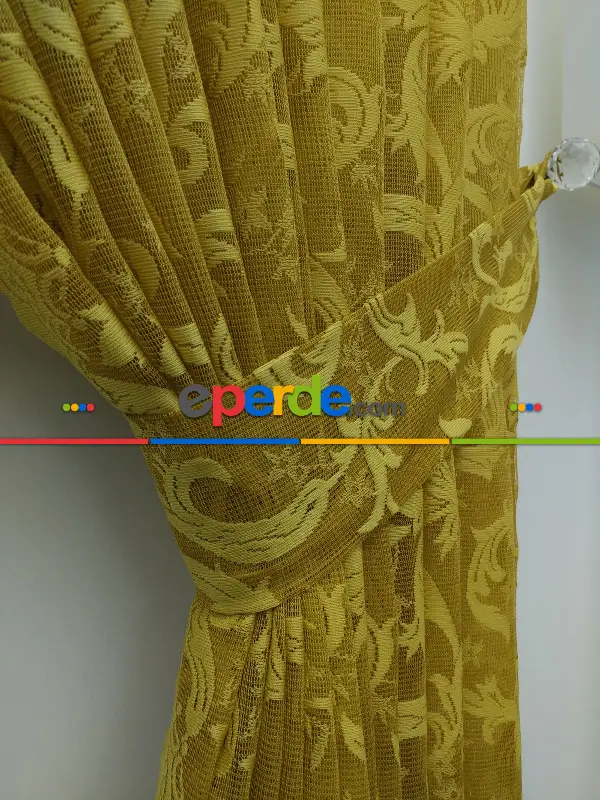 Sarı - Desenli Dantel Tül Fon Perde- Sarı