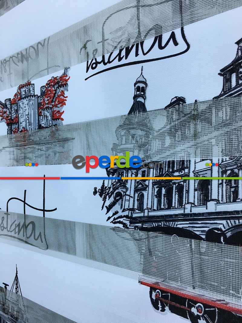 Zebra Perde- İstanbul Baskılı Zebra Perde- Siyah-kırmızı