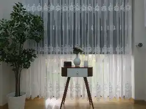 ( Orjinal ) Taç Damask Desen Salon Fransız Dantel Tül Perde & Kruvaze Perde- Ekru