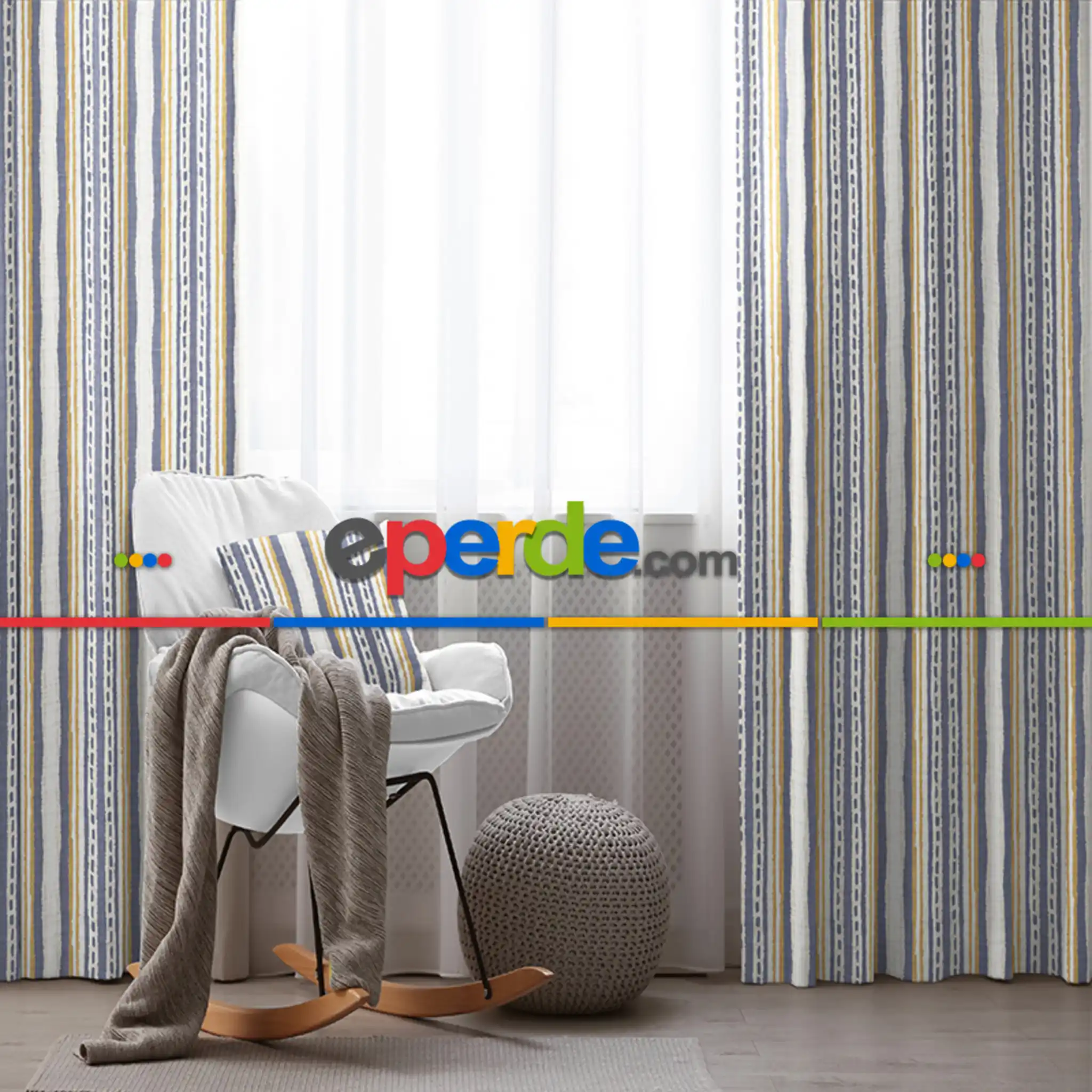 Etnik Fon Perde Evim1538 Kumaşı Kalındır Duck Bezi Değildir- Mavi-beyaz