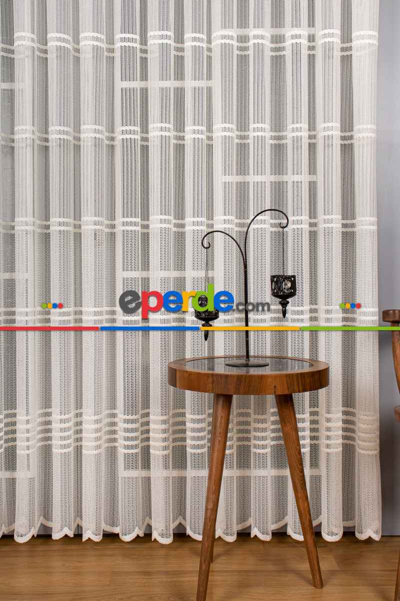 Salon Tül Modelleri - Clara Enine Bantlı Örme Tül Perde Ütü İstemez