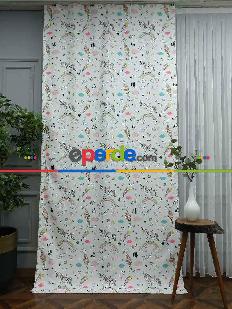 Unicorn Desenli Fon Perde Evm681 Kumaşı Kalındır Duck Bezi Değildir- Siyah-Beyaz-Pembe