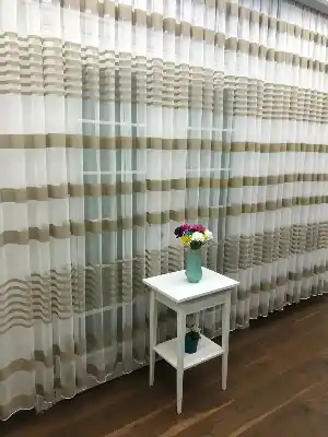 Enine Çizgili Bantlı Spor Tül Perde- Vizon Rengi-ekru - Kurşunlu Tül