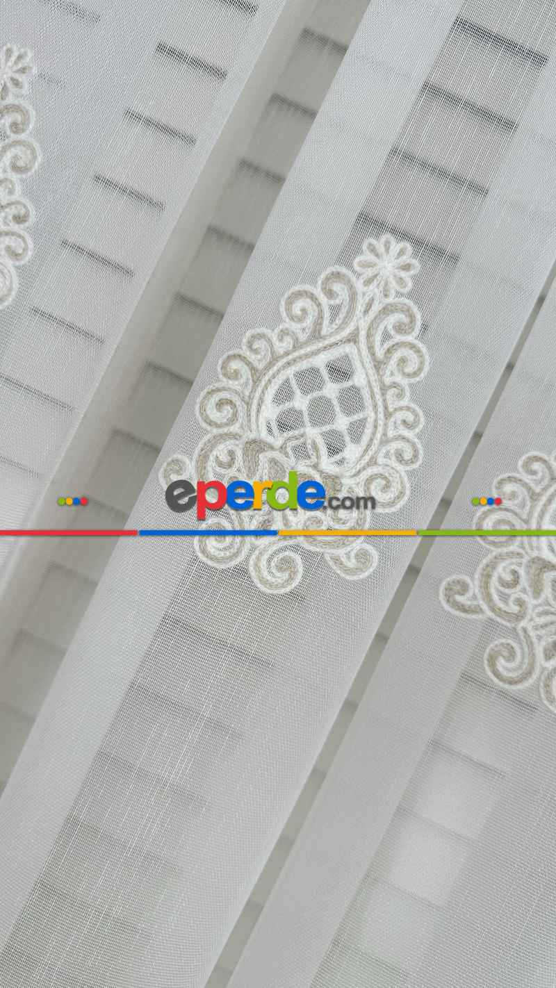 Oturma Odası Ekru Özel Dokuma Damask, Bej Özel İplik Brode İşlemeli Tül Perde - Ağır Gramajlı Premium Nakışlı