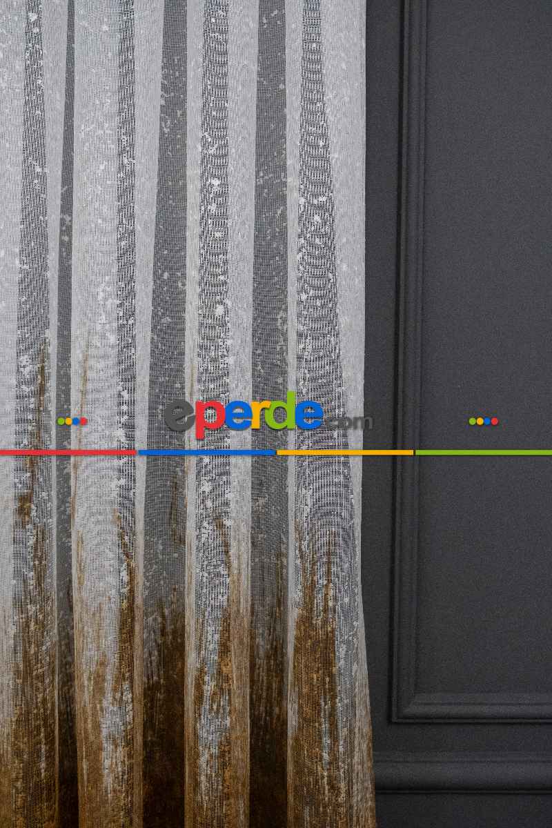 Modern Hardal Ve Mavi Desenli Degrade Geçişli Örme Tül Perde Yüksek Kalite