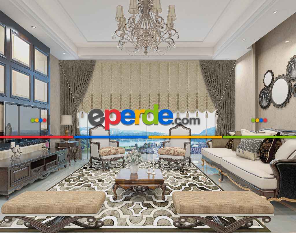 Drape Geniş Bant Kadife Bantlı Yarım Şelale Model İp Perde Krem Altın Simli
