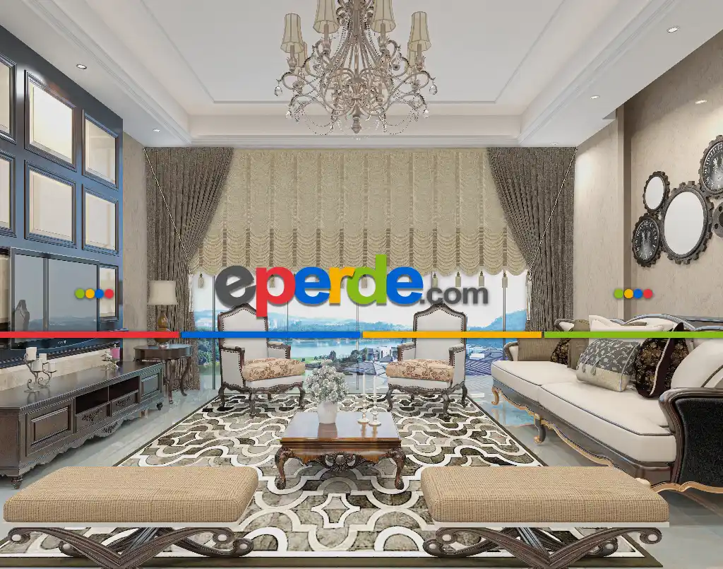 Drape Geniş Bant Kadife Bantlı Yarım Şelale Model İp Perde Krem Altın Simli