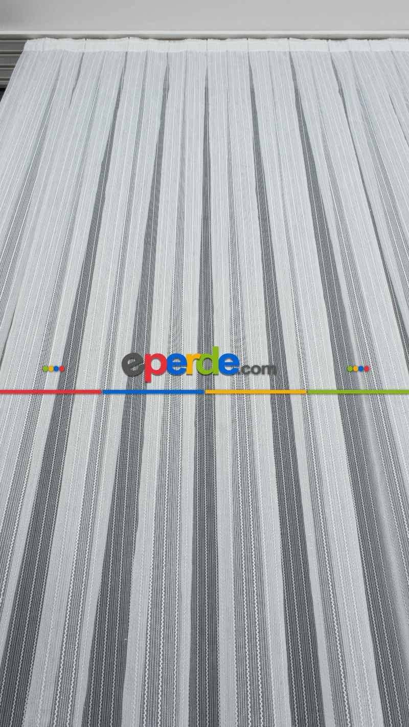 Mutfak - Tek Makarna Boyuna Çizgili Tül Perde Ekru Dolgulu- Ekru