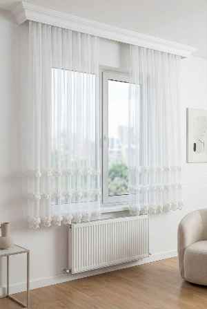 Bambu Zemin, Etek Püsküllü Tül Perde, Bambu Doğal Dokulu, Ekru