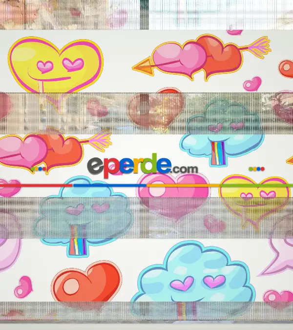 Kalp Desenli Baskılı Zebra Perde- Çok Renkli