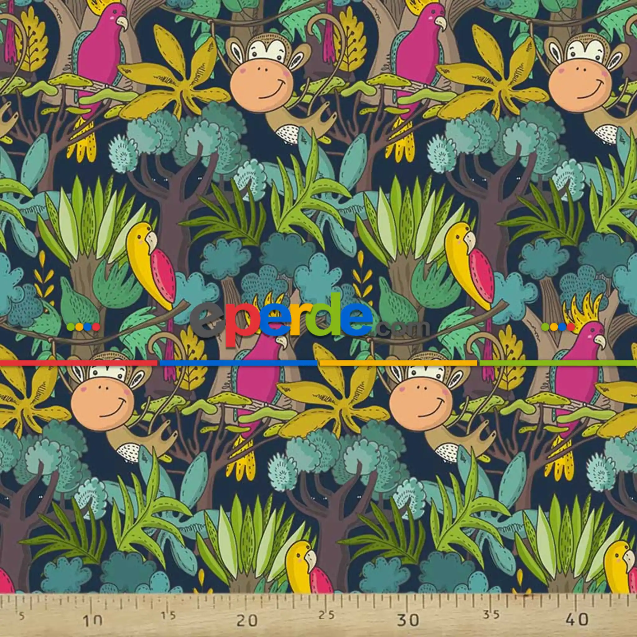 Tropikal Orman Ve Hayvan Desenli Fon Perde Evm689 Kumaşı Kalındır Duck Bezi Değildir- Yeşil-Sarı-Beyaz