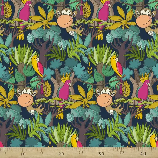 Tropikal Orman Ve Hayvan Desenli Fon Perde Evm689 Kumaşı Kalındır Duck Bezi Değildir- Yeşil-Sarı-Beyaz