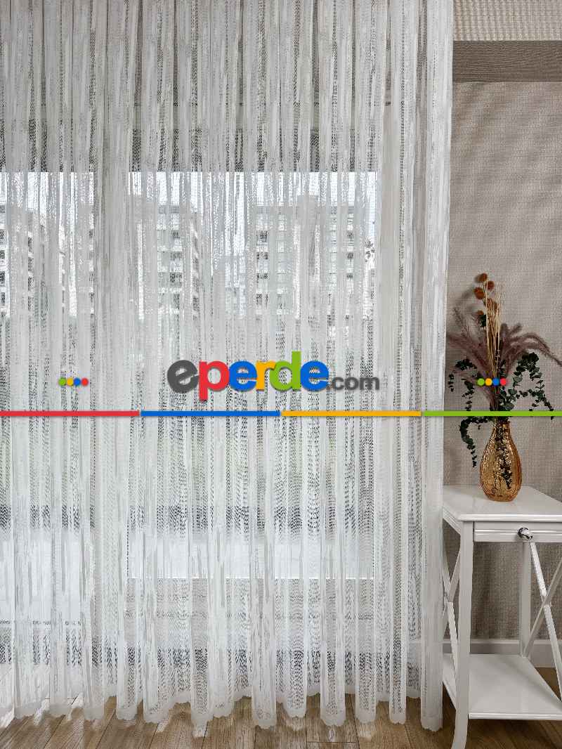 Oturma Odası - Çizgili Fransız Dantel Örme Tül Perde, Desenli Ütü İstemeyen Tül