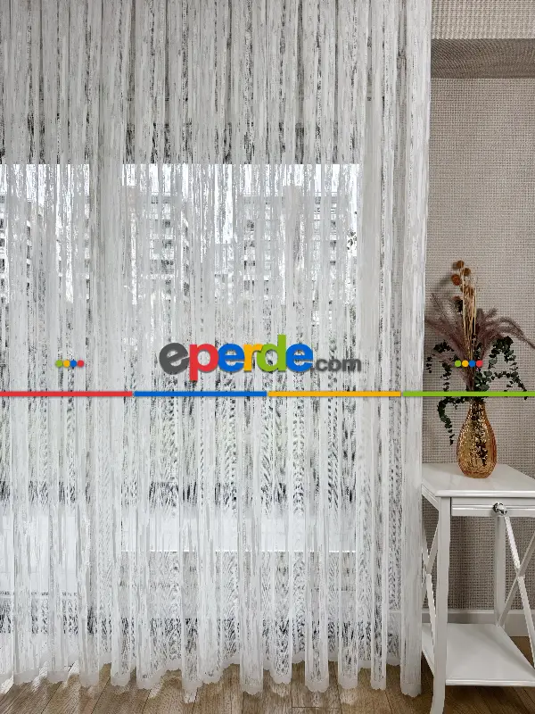 Oturma Odası - Çizgili Fransız Dantel Örme Tül Perde, Desenli Ütü İstemeyen Tül