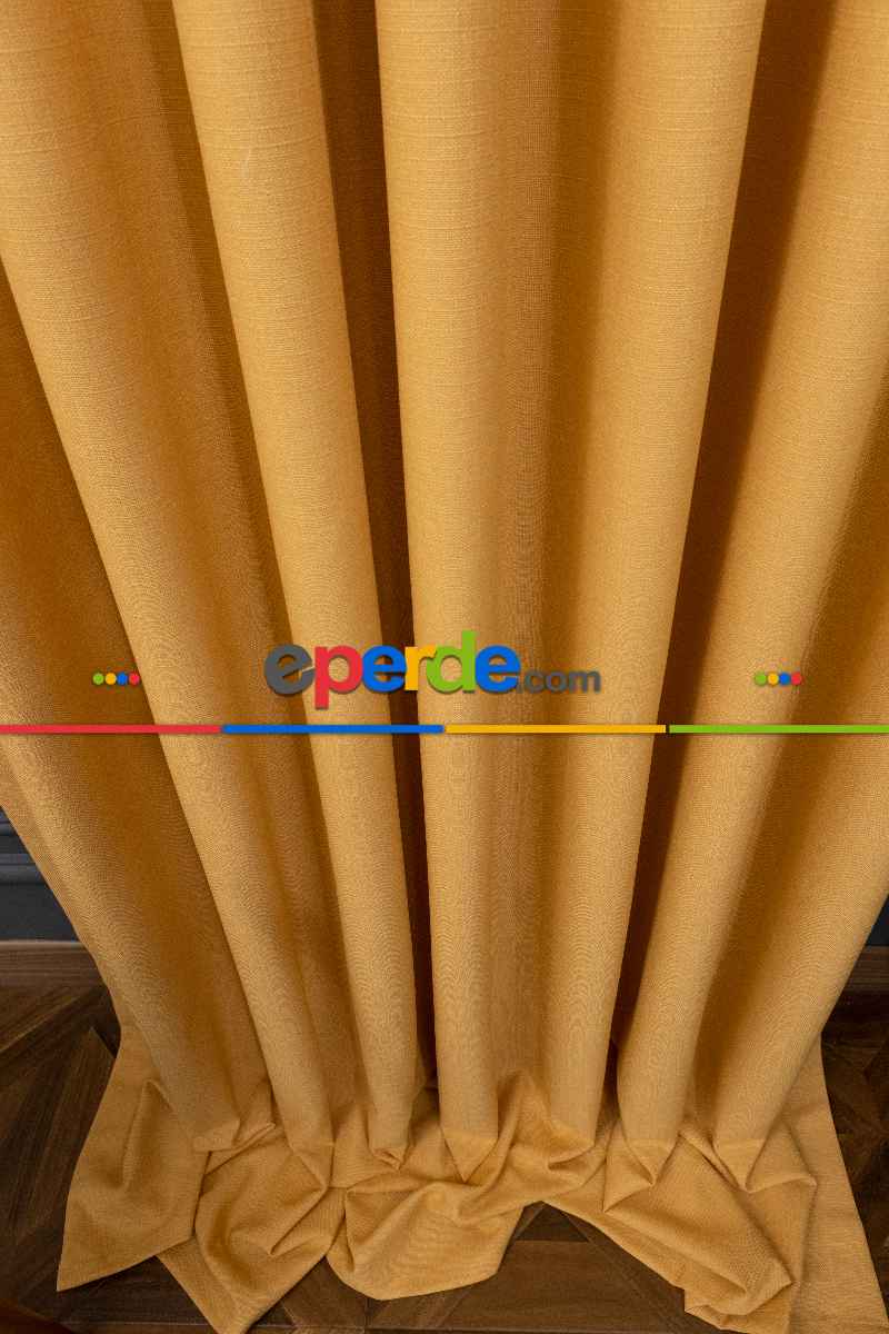 Oturma Odası Keten Sarı Renk Düz Fon Perde- Hardal