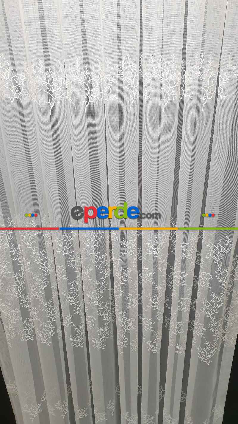 Oturma Odası - Sıra Dallar İşlemeli Sıra Desen Bambu Kırışmaz Ütü İstemez Tül