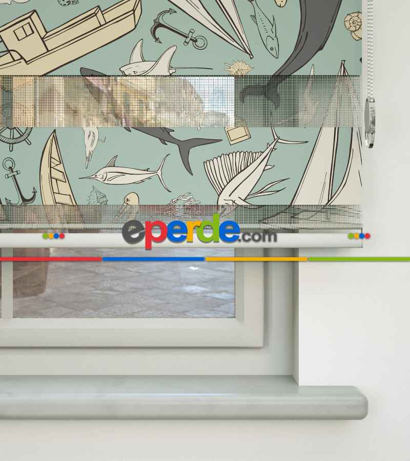 Deniz Temalı Baskılı Zebra Perde- Çok Renkli