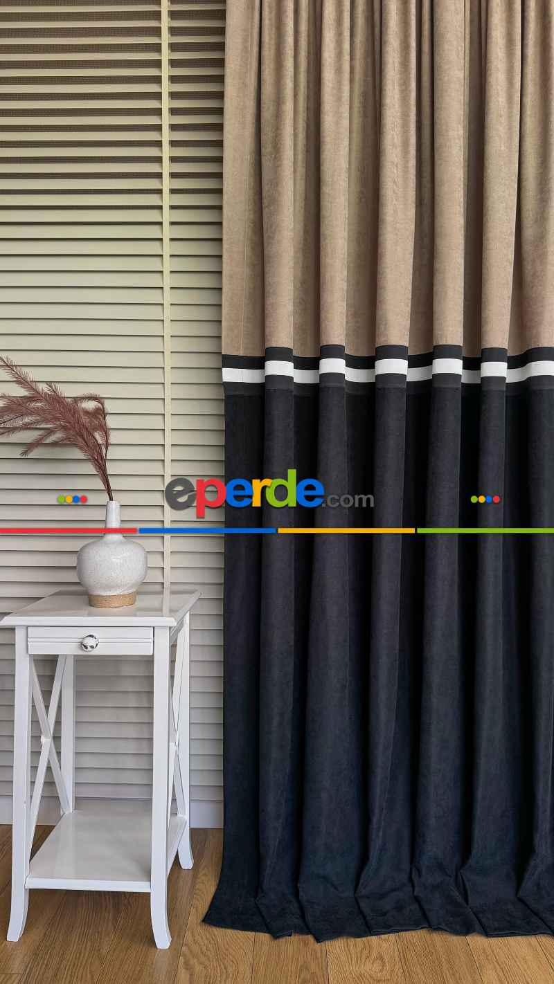 Siyah Ve Bej Rengi Kombinli Fon Perde, İki Kumaş Bordür İle Birleştirilmiştir, Özel Tasarımdır.