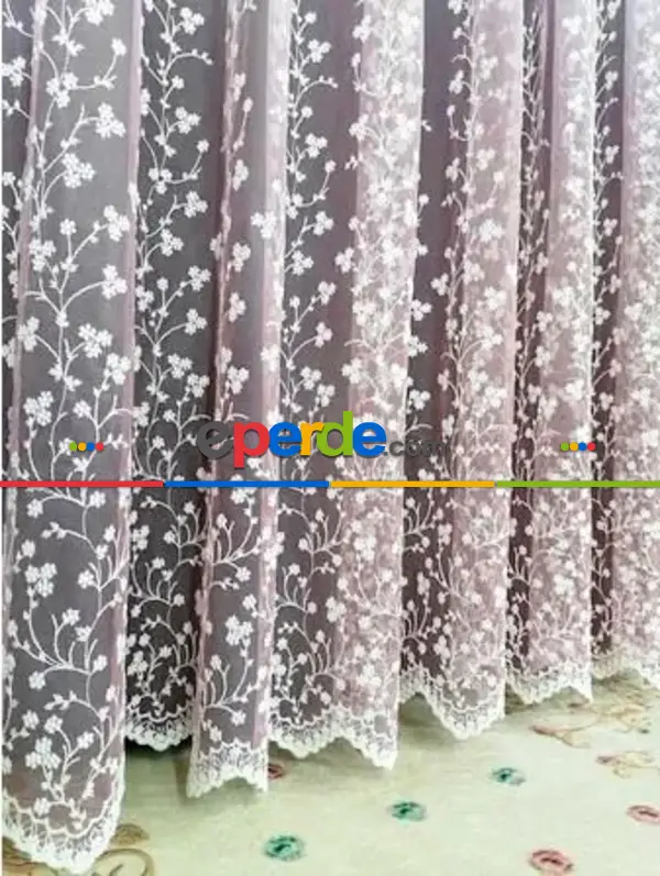 Salon Tül - Degrade İşlemeli Pembe Tül