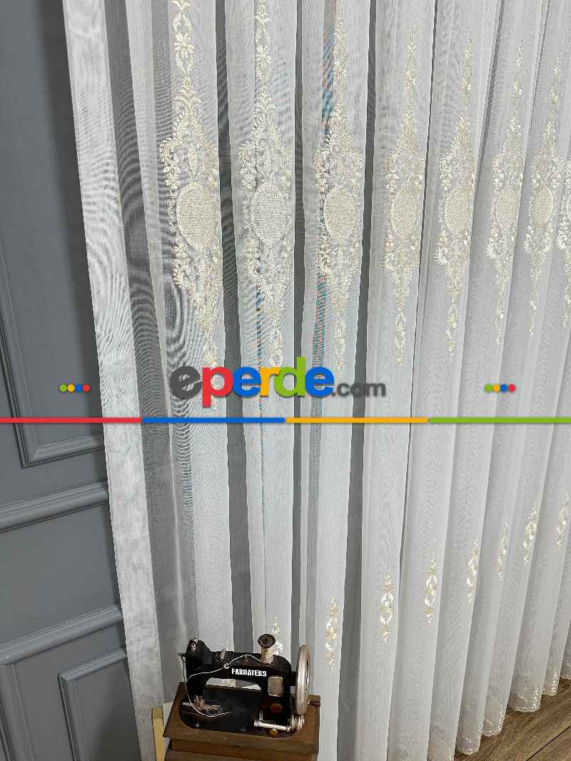 Brillant Ayna Desen Gold İşlemeli Tül Perde