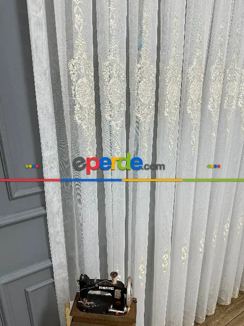 Brillant Ayna Desen Gold İşlemeli Tül Perde