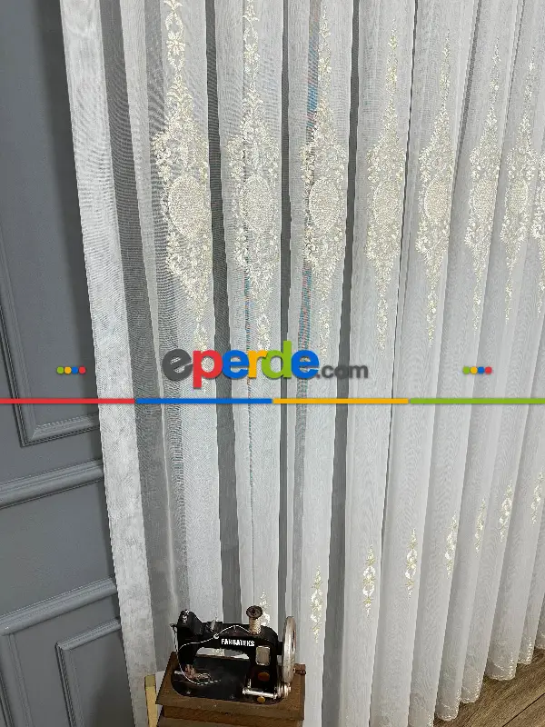 Brillant Ayna Desen Gold İşlemeli Tül Perde