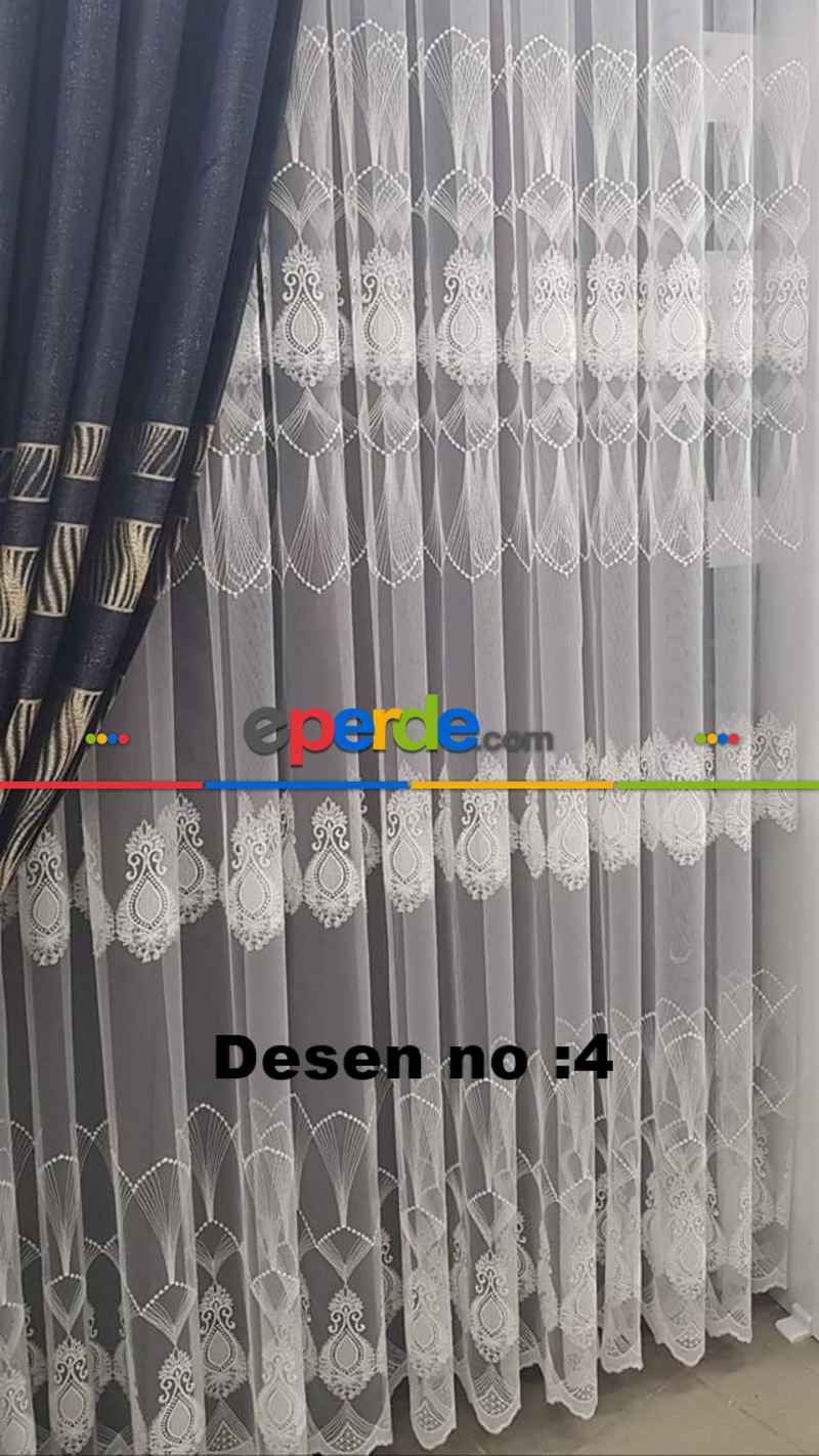 Yatak Odası - Nakışlı Damask Motif Salon Tül Perde- Ekru