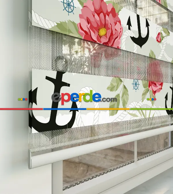 Çocuk Odası Zebra Perde - Çapa Baskılı Zebra Perde- Siyah-Kırmızı-Beyaz