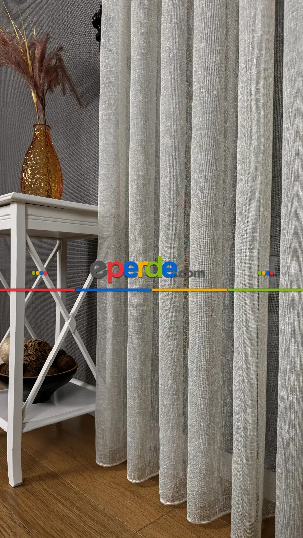 Salon Bej Naturel Keten Düz Tül Perde - Premium Kalitedir, Eteği Kurşunludur.