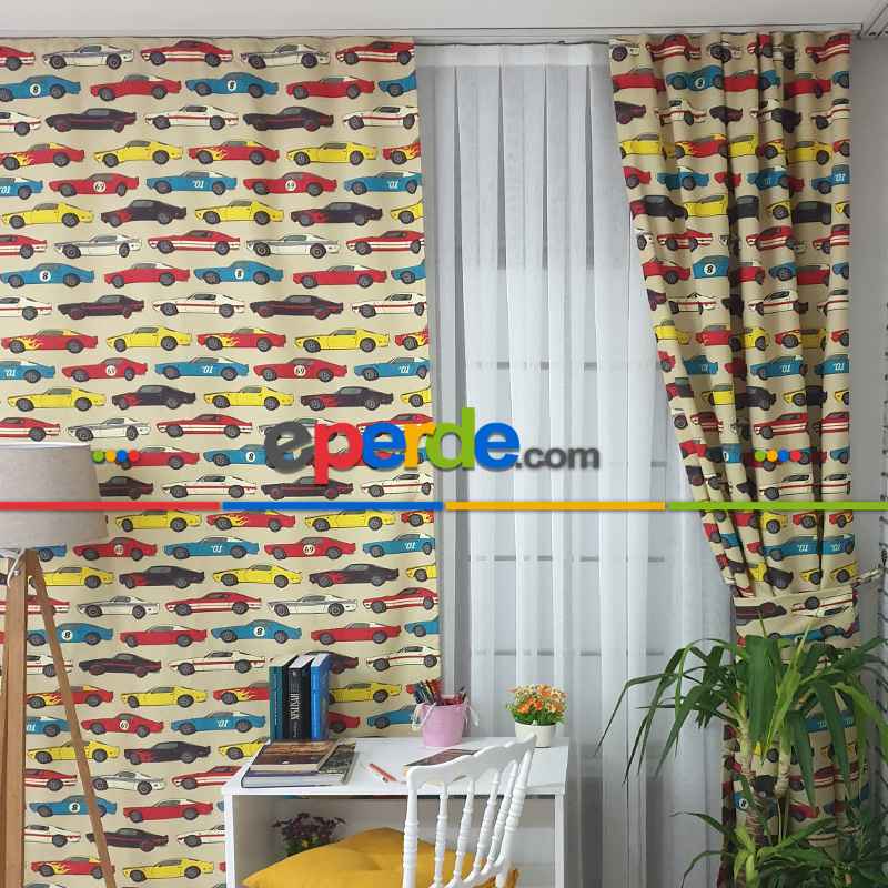 Popart Araba Desenli Fon Perde Evm1063 Kumaşı Kalındır Duck Bezi Değildir- Siyah-Kırmızı-Sarı-Beyaz