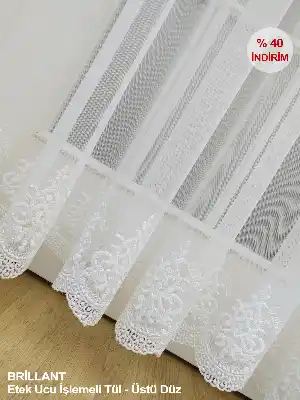 Etek Ucu Nakışlı Brillant Arne Tül Perde - %40 Extra İndirimli- Ekru