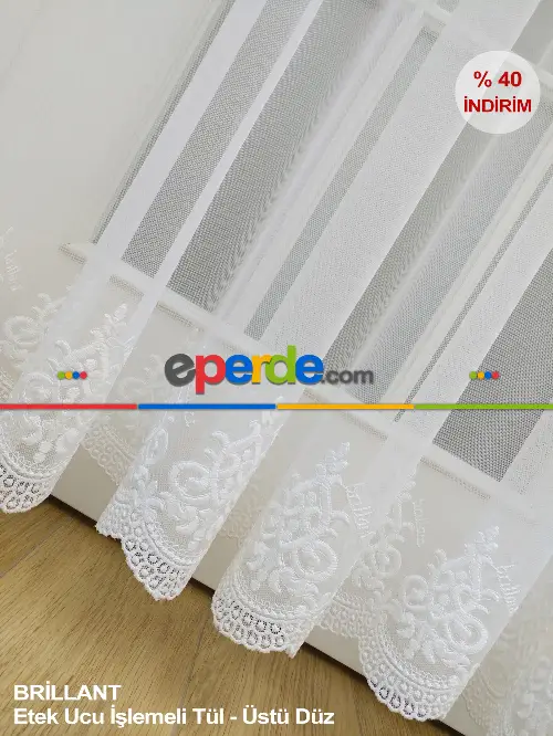 Etek Ucu Nakışlı Brillant Arne Tül Perde - %40 Extra İndirimli- Ekru