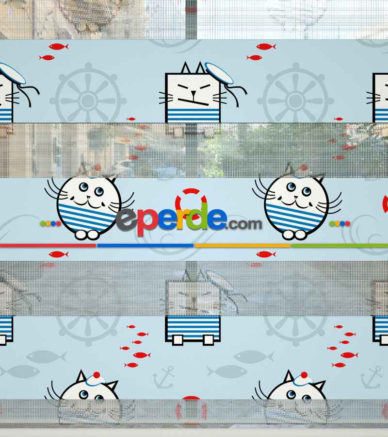 Bebek Odası Zebra Perde - Denizci Kedi Desenli Baskılı Zebra Perde- Çok Renkli