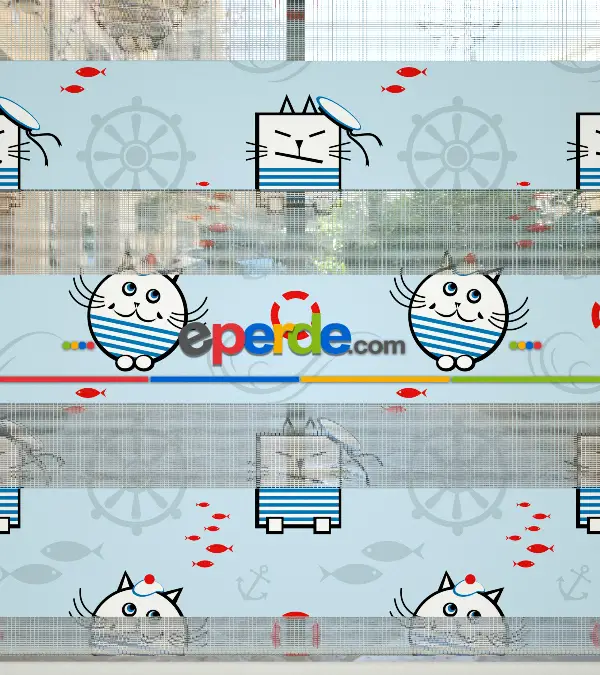 Bebek Odası Zebra Perde - Denizci Kedi Desenli Baskılı Zebra Perde- Çok Renkli
