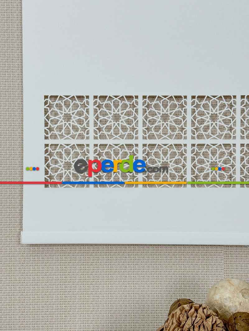 Ekru Lazer Kesimli Stor Perde ( Lazer Kesim Fiyata Dahildir) Metal Kasalı - Yüksek Kalite - Kornişe Kolay Montaj Seçenekli