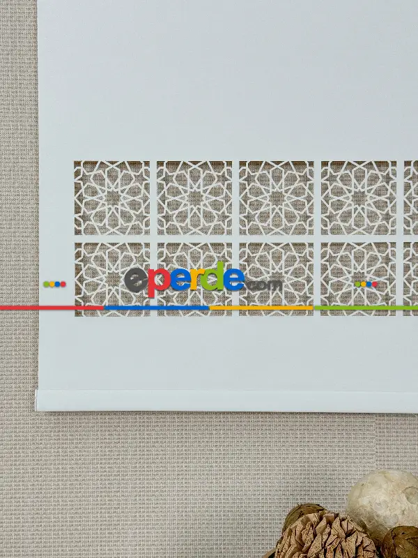 Ekru Lazer Kesimli Stor Perde ( Lazer Kesim Fiyata Dahildir) Metal Kasalı - Yüksek Kalite - Kornişe Kolay Montaj Seçenekli