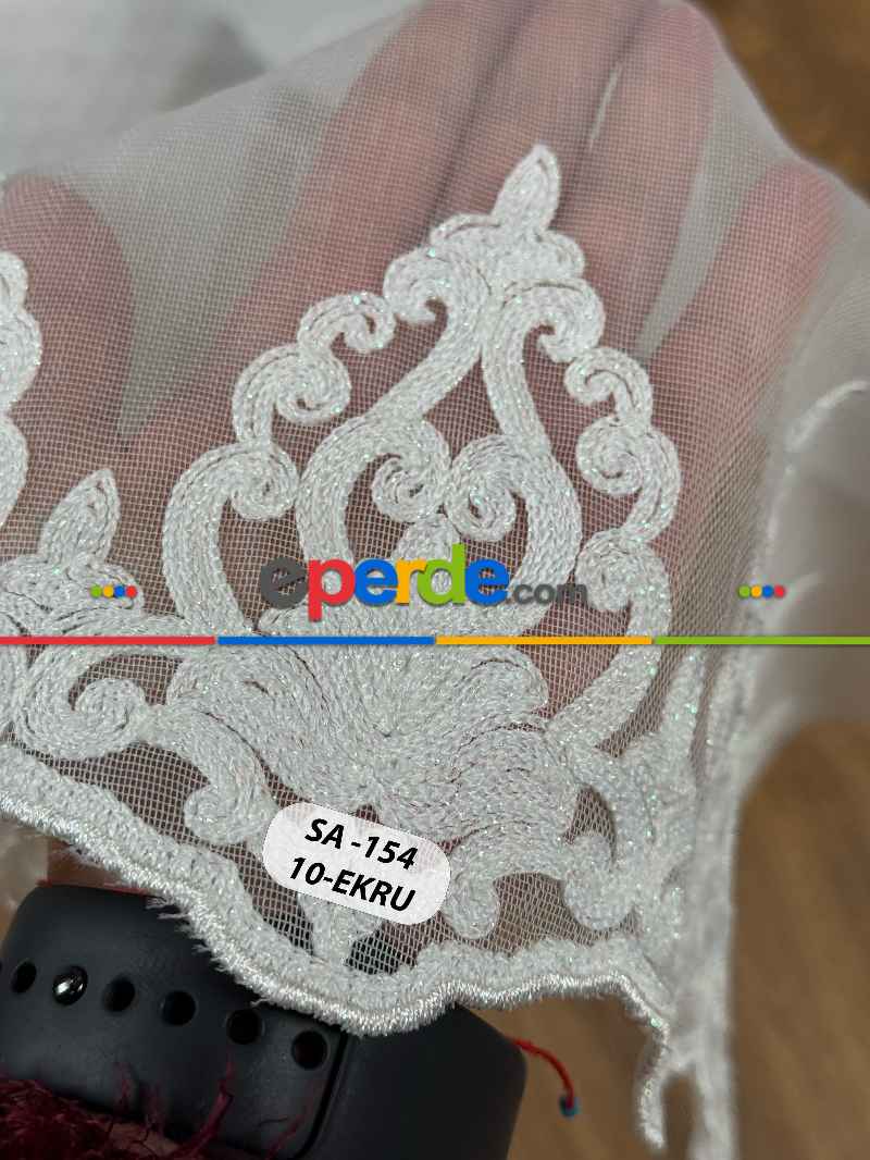 Salon - Ekru/gri/antrasit Gri Etek Ucu Özel İplik Hafif Simli Damask Brode İşlemeli Tül Perde - Ağır Gramajlı Premium Nakışlı