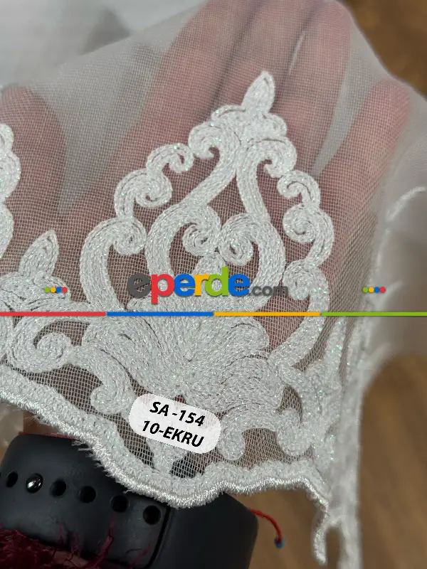 Oturma Odası - Ekru/gri/antrasit Gri Etek Ucu Özel İplik Hafif Simli Damask Brode İşlemeli Tül Perde - Ağır Gramajlı Premium Nakışlı