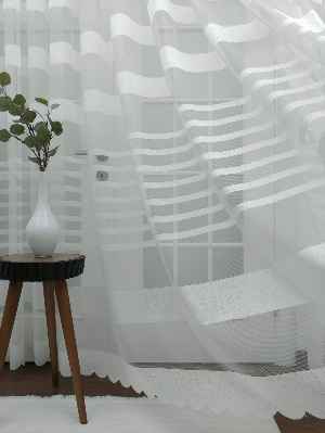 Salon Tül - Dantel Örme Ekru Düz Model Bantlı Tül Perde 2021 Ikon- Krem Açık