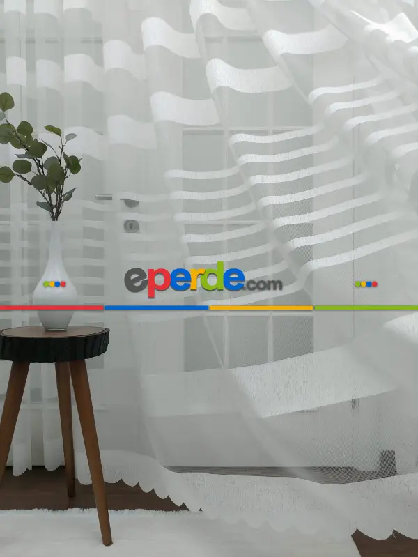 Salon Tül - Dantel Örme Ekru Düz Model Bantlı Tül Perde 2021 Ikon- Krem Açık