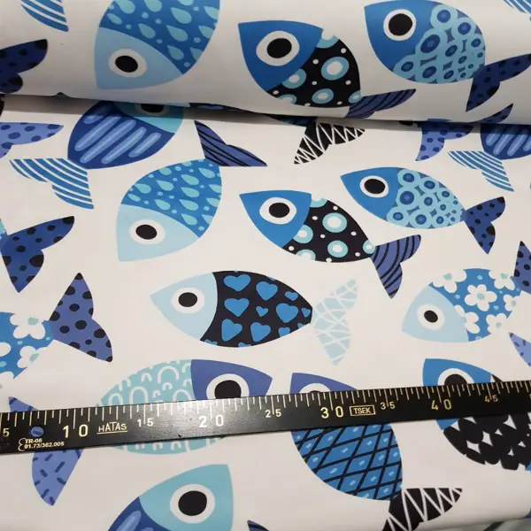 Balık Desenli Fon Perde Evm493 Kumaşı Kalındır Duck Bezi Değildir- Beyaz- Çok Renkli 3