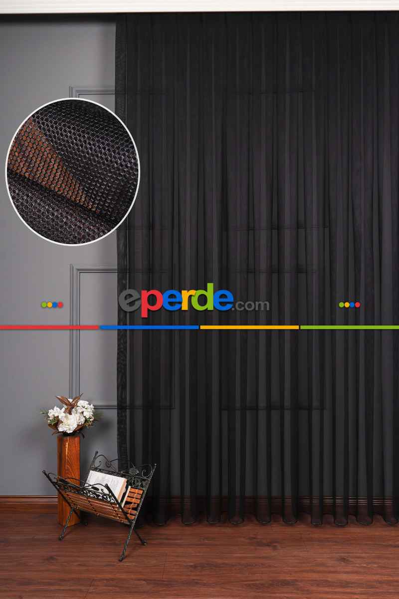 Salon - Siyah Grek Tül Perde Petek Zemin