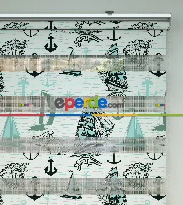 Denizci Desen Baskılı Zebra Perde- Siyah-su Yeşili