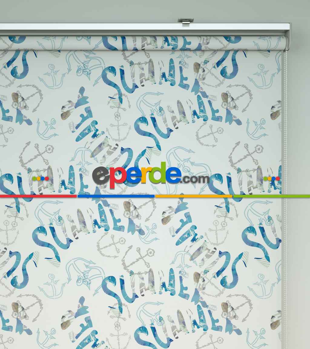 Summer Baskılı Stor Perde- Mavi-beyaz