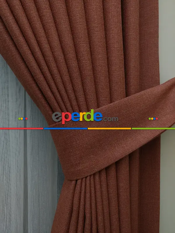 Yatak Odası - Keten Açık Kiremit Renk Düz Fon Perde- Kiremit Rengi